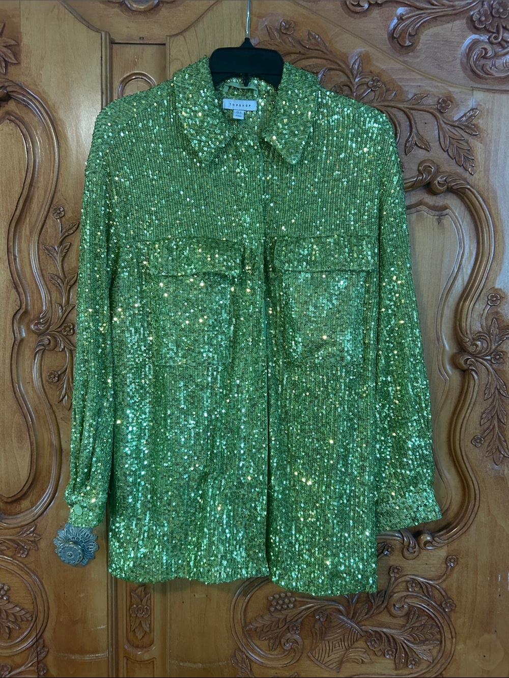 Topshop Lime Green Sequin Shirt Jacket - Picture 1 of 8